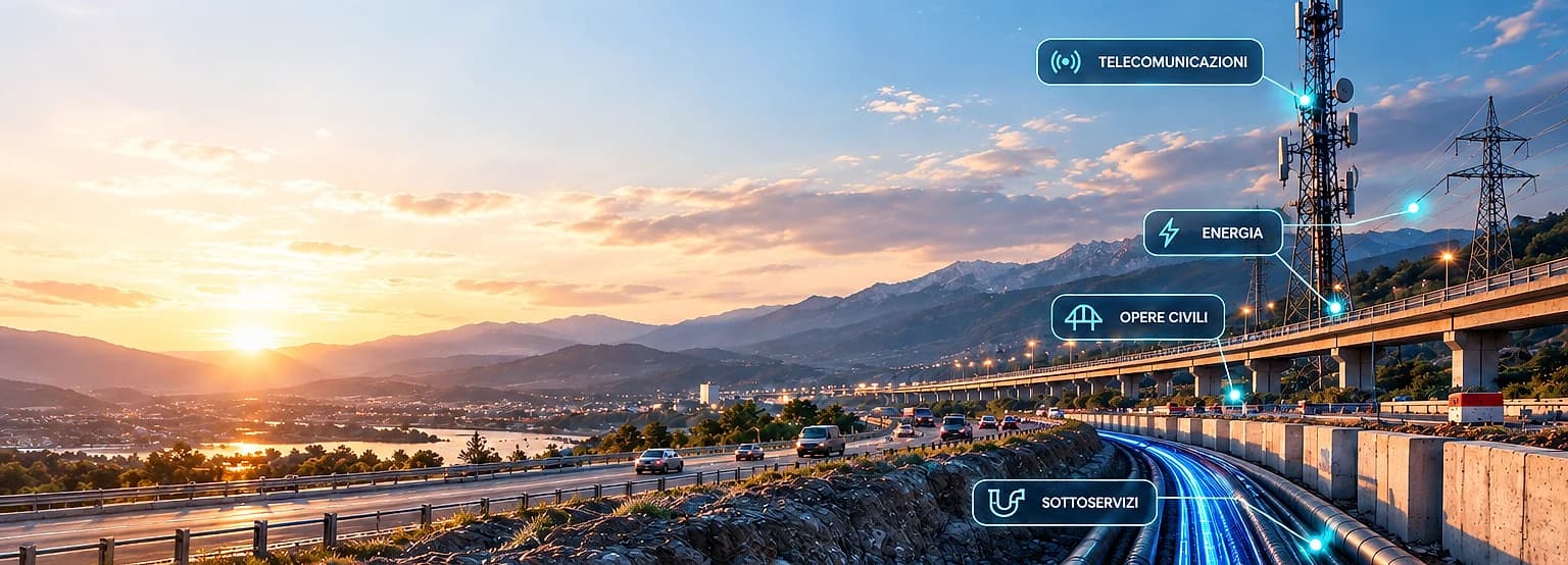 Immagine illustrativa al tramonto di un’infrastruttura: autostrada, viadotto, traliccio per telecomunicazioni, linee elettriche e tubazioni interrate, con i quattro settori evidenziati.
