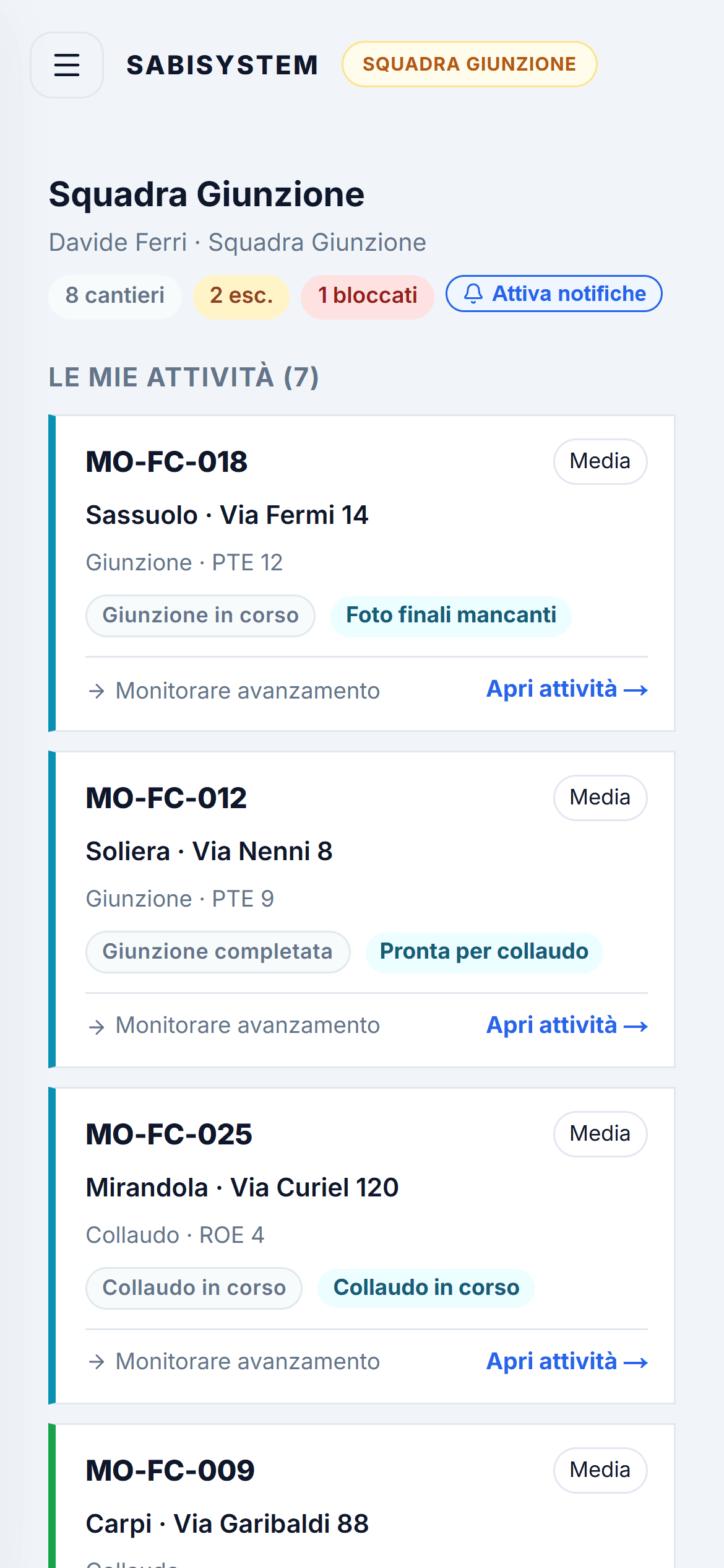 Vista campo del caposquadra da smartphone in SabiSystem — ambiente demo
