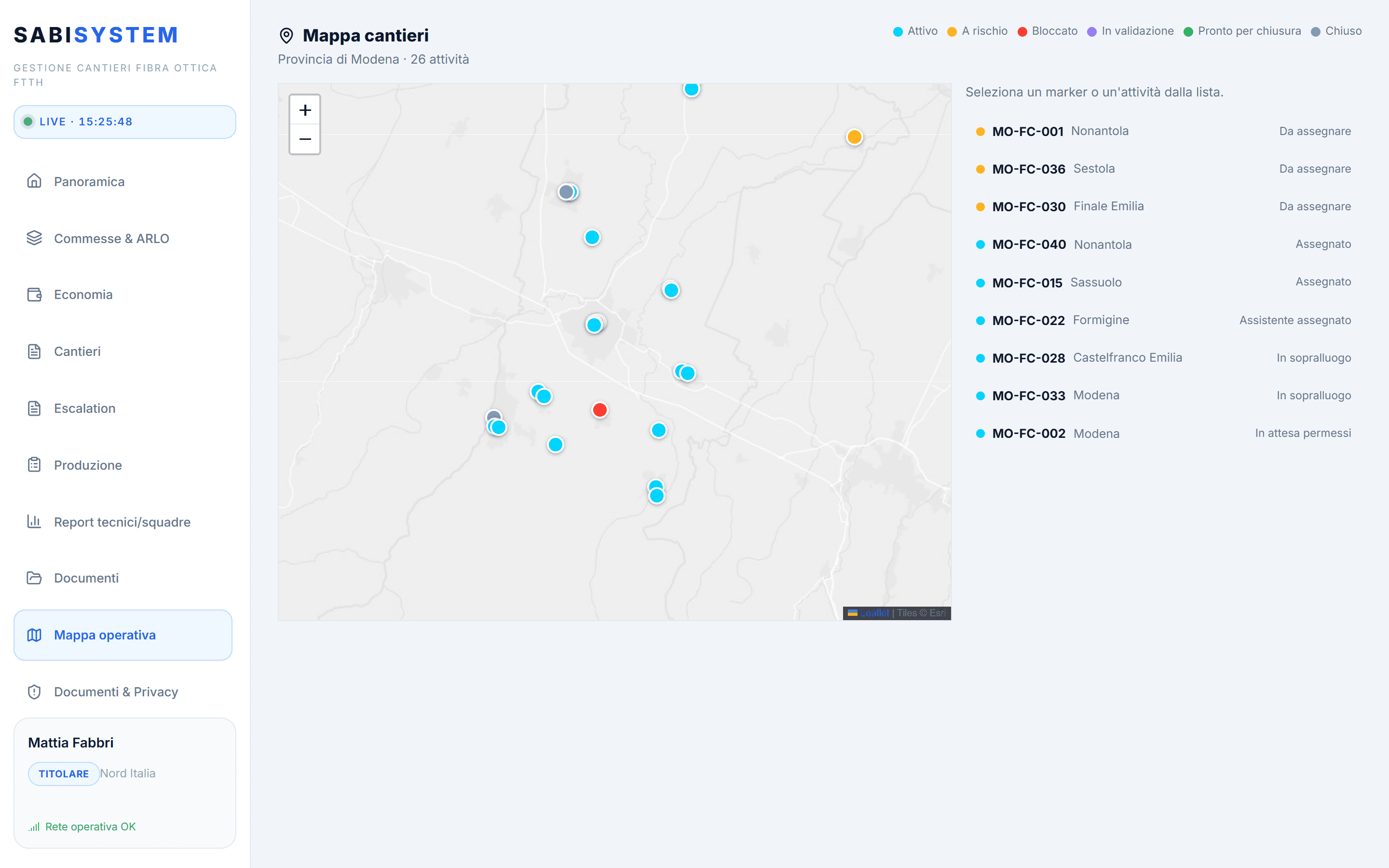 Mappa operativa dei cantieri FTTH in SabiSystem — ambiente demo