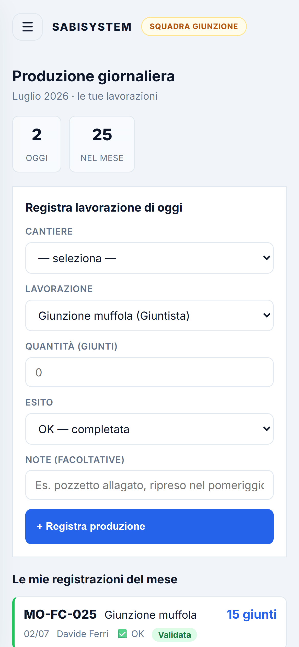 Registrazione della produzione giornaliera da smartphone in SabiSystem — ambiente demo